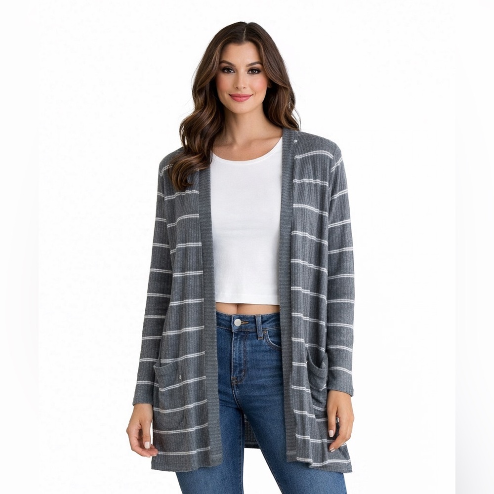 Grey White Long Striped Cardigan